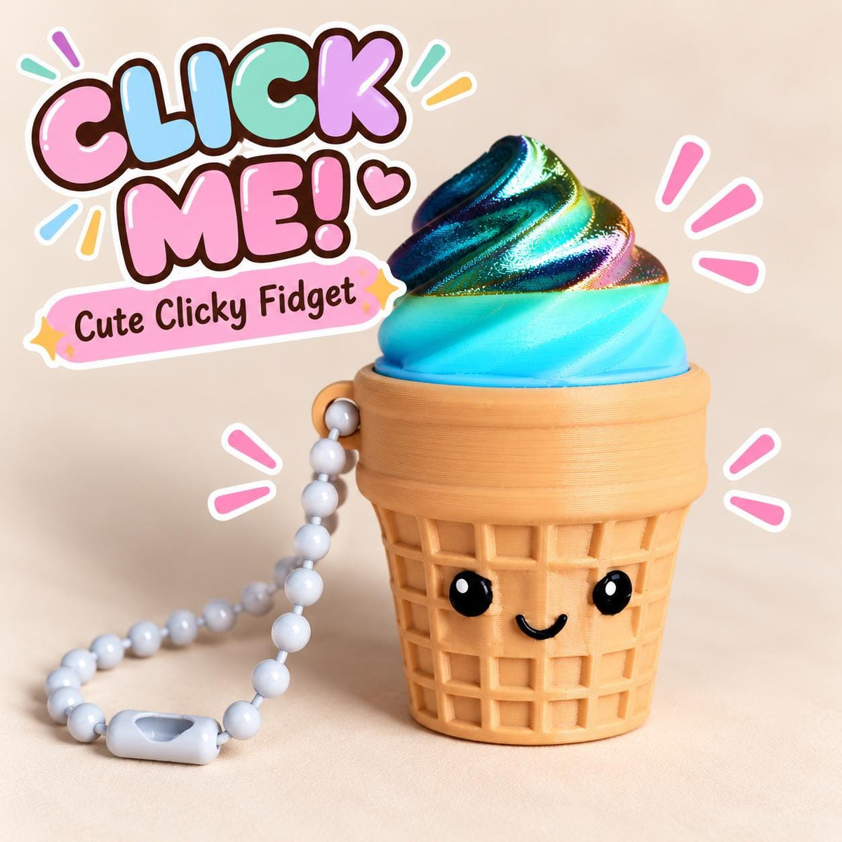 Ice Cream Clicky Fidget Keychain – Cute 3D Printed Sensory Toy – Kawaii Ice Cream Cone Clicker – Backpack Charm – Fidget Gift