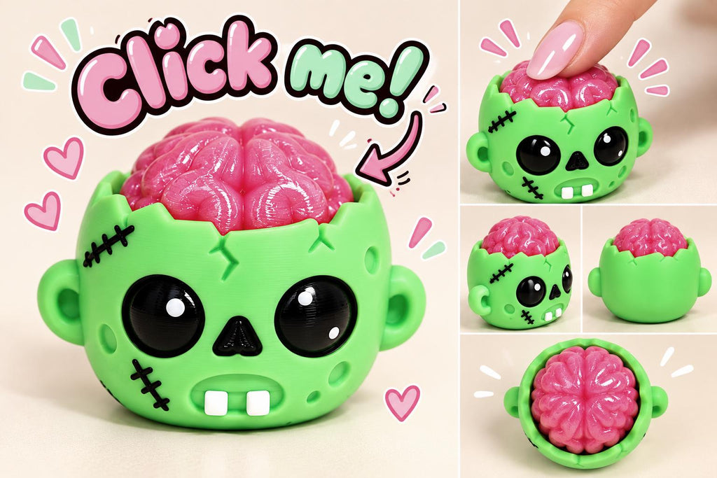 Zombie Brain Clicky Fidget Toy – Cute 3D Printed Halloween Sensory Clicker – Kawaii Zombie Desk Toy – Spooky Fidget Gift